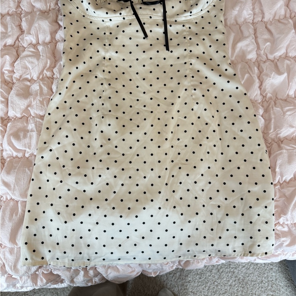 Cream Polka Dot Mini Dress with Black Trim